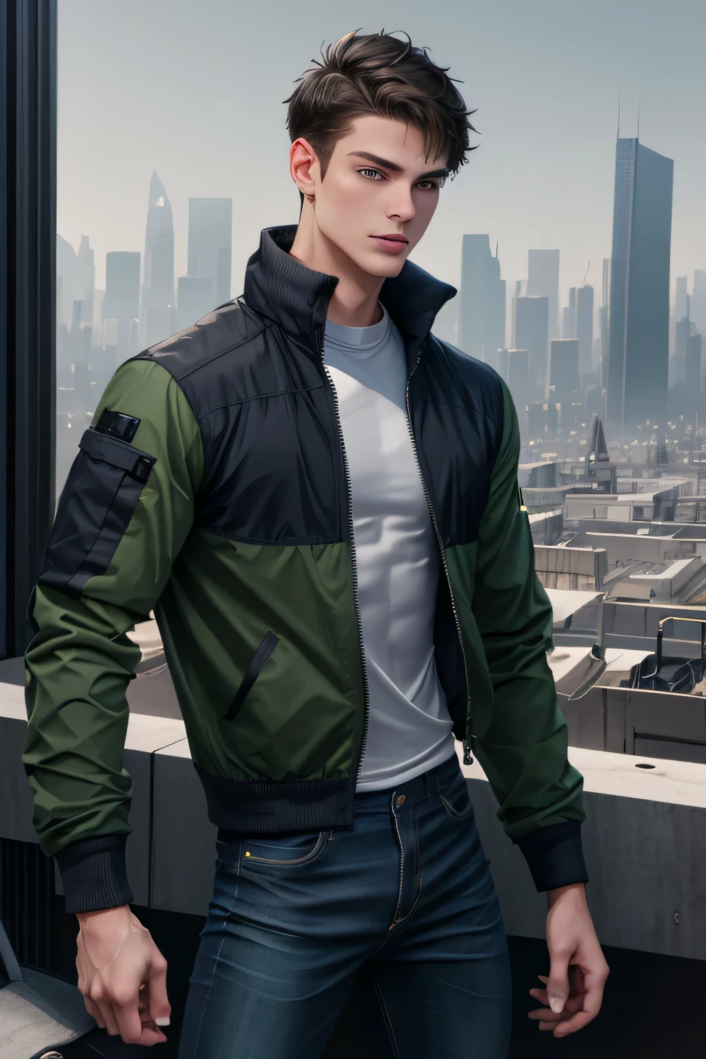 25 year old young guy, Beautiful, model appearance, Ideal, has straight short dark hair. Very short haircut. raised hair. Dressed in a green jacket, dark jeans, wears dark gray shoulder pads. White stripes on the jacket. stands on the roof of a skyscraper overlooking the city. In hand there is a gray triangular shield