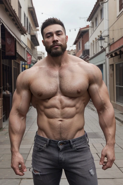 eso_Shang, shirtless, big muscles, empinado, muy nalgon, hombros anchos, large pectorales, big biceps, calle moderna, cuerpo completo, Barbas de chivo, ultra realistic, sudor, gray black jeans