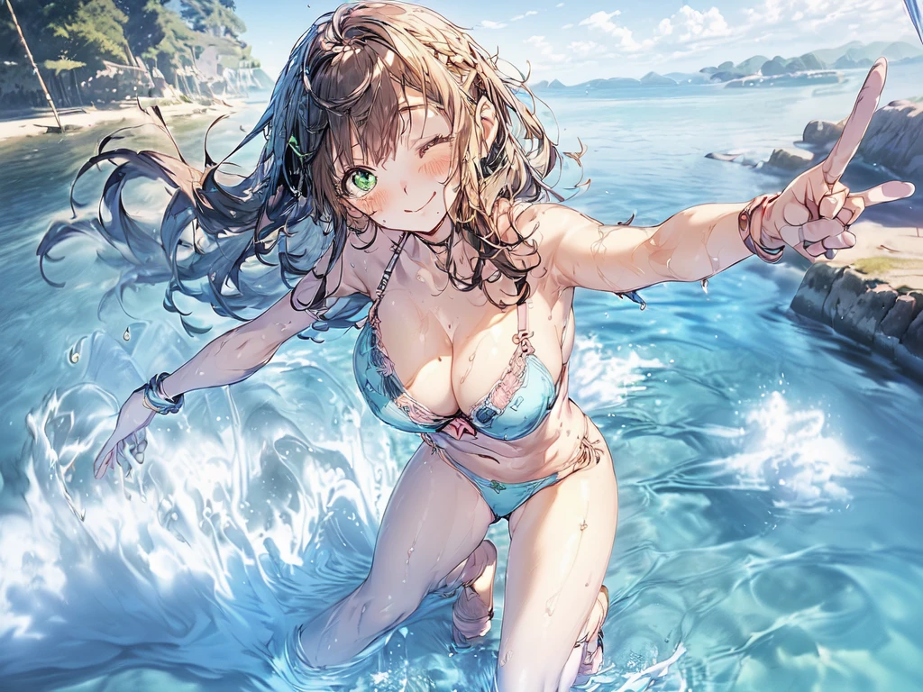 nswf:1.3,((masterpiece, highest quality, High resolution, 超High resolution, Pixel Perfect, Written boundary depth, 4k, RTX, human development report))), 1 girl, single, alone, beauty、View the whole body、((((looking up at viewer)))), (masterpiece: 1.2, highest quality, masterpiece, Clearer images), (Bright colors), ((Take clear photos even from a distance)), (Multiple Girls), (Harem),(School classmates), (field),(()), (cute Japanese((6 girls), (((infant' Face))), ((Group shot)), ((Group selfie)),((youth)),(Have fun),Wide-angle, Soft Light, (Slightly larger breasts), ((viewers love it)), Landscape、((breast grab:1.3)),(((bra lift:1.2)))、((Green Eyes, Beautiful eyelashes, Realistic eyes)), ((Detailed face, blush:1.2)), ((Smooth texture:0.75, Vibrant质感:0.65, Vibrant:1.1, Anime CG Style)), Medium breast, Perfect body, Beautiful curves、beautiful legs、thin、smile, Aerith Gainsborough, Hair Ribbon, bracelet, brown hair, Side Lock, Parted bangs, Green Eyes, Braid, (((bikini))),(((Award-winning swimwear designs))),(Stand with your feet apart), ((((Are standing)))), (Her legs were spread), (Made to stand with legs apart..) ,((Attractive way to stand)),(((Uplifting)))、(water droplets:1.2)、(Rising Wind:1.5),please stand facing me、 thin脚, ((((open legs:1.5)))、((breast grab:1.3)),(((bra lift:1.2)))、((one eye closed))、((selfie))、(peace sign)、((Hair fluttering in the wind)),((hold hair with hands)),((arm behind head)),(((leaning forward)))、((((Flirting)))),Inner thighs、