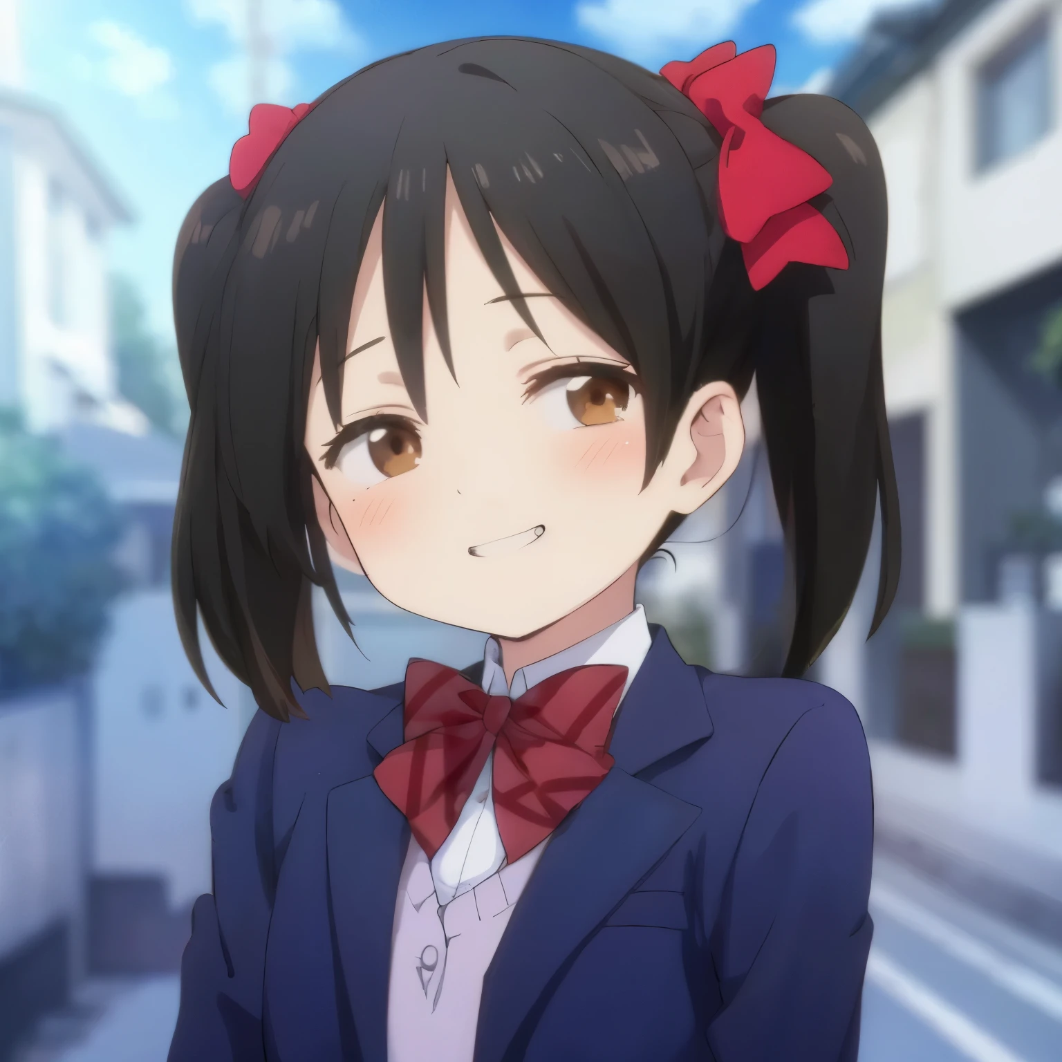 high quality, masterpiece. Tsandere girl. clothing blue jacket. red bow. dark hair. grin. Closed eyes. Hair ponytail. Brown eyes. against the background of the street.