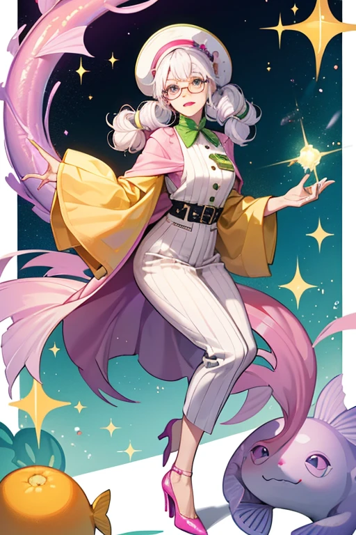 She is a light wrinkly purple fish with white hair that contains yellow hair curlers and nails. She has black eyes, wears glasses, has an orange shirt, a light green wool coat and green high heels. She wears pink lipstick. SPARKLE; GLITTER