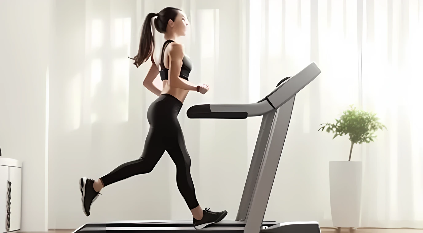 a woman running on a treadmill in a living room wearing black pant and yellow color top, trapped on a treadmill, with accurate features, high picture quality, high quality picture, accurate walk cycle, girl is running, accurate features ), an ultra realistic, intricately designed, “the ultimate gigachad, sleek design, running freely, beautiful surroundings