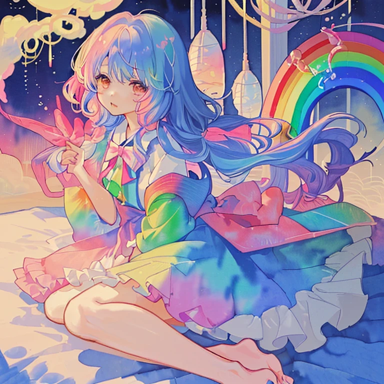 Yumekawa 、cute like a dream、with paddle、Moya、(masterpiece、highest quality、highest quality、Watercolor(curly)、cute犬を連れて、Official Art、Beautiful and aesthetic:1.2)、(Beautiful girl:1.3)、pattern、(Rainbow Hair、colorfulな髪:1.2)、Soap bubble、rainbow behind、cloud、colorful、Soap bubble、hair spreads all over、cute、pastel、Big ribbon、nice room、Rainbow Dog Plush Toy
