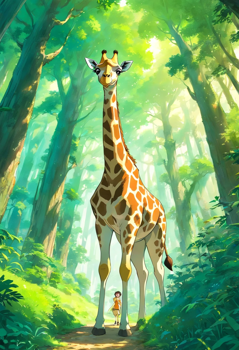 giraffe,forest,adventure,Excited,Picture book style