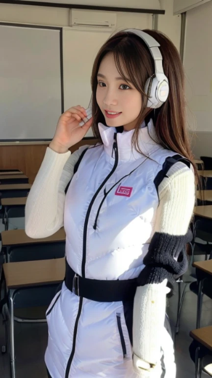 (At S.F.W.), (1 girl:1.3), break, Half Body Shot, Japanese, 17 year old supermodel, high school girl, (From the side), (highest quality:1.4), 32k resolution, (Realistic:1.5), (Super realistic:1.5), High resolution 32k UHD, (masterpiece:1.2)), (Improvement of quality:1.4), (Very beautiful facial details), (Highest quality realistic skin texture:1.4), (Perfect Anatomy:1.2), (Are standing:1.37), break, , ((astrovest:1.5)), ((headphone:1.15)), break, Do not emphasize the top of the bust, ((In a classroom shining in white:1.15)), Accurate Fingers, Very detailed, Symmetrical eyes, ((View your viewers)),Natural Makeup, ((A good eye for quality:1.2)), (tired, Sleepy and satisfied:0.0), (Beautiful Lips:1.33), (Great nose:1.2), ((Physically Based Rendering of the Background:1.37)), thin:1.2, Flat Chest, (thin lower body), brown hair, (Hairy hair:1.37), Anxious face, Gentle light illuminates your face and body, Professional Cinema Lighting,(black sleeves):2,(black long sleeves):2,(astrovest):2,smile,inside spacecraft