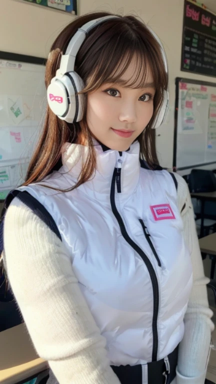 (At S.F.W.), (1 girl:1.3), break, Half Body Shot, Japanese, 17 year old supermodel, high school girl, (From the side), (highest quality:1.4), 32k resolution, (Realistic:1.5), (Super realistic:1.5), High resolution 32k UHD, (masterpiece:1.2)), (Improvement of quality:1.4), (Very beautiful facial details), (Highest quality realistic skin texture:1.4), (Perfect Anatomy:1.2), (Are standing:1.37), break, , ((astrovest:1.5)), ((headphone:1.15)), break, Do not emphasize the top of the bust, ((In a classroom shining in white:1.15)), Accurate Fingers, Very detailed, Symmetrical eyes, ((View your viewers)),Natural Makeup, ((A good eye for quality:1.2)), (tired, Sleepy and satisfied:0.0), (Beautiful Lips:1.33), (Great nose:1.2), ((Physically Based Rendering of the Background:1.37)), thin:1.2, Flat Chest, (thin lower body), brown hair, (Hairy hair:1.37), Anxious face, Gentle light illuminates your face and body, Professional Cinema Lighting,(black sleeves):2,(black long sleeves):2,(astrovest):2,smile,inside spacecraft
