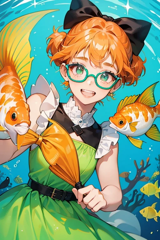 She is a light orange fish with freckles who wears black glasses and has orange hair with a cyan bow. She wears a light green dress and has buck teeth with braces. SPARKLE; GLITTER
