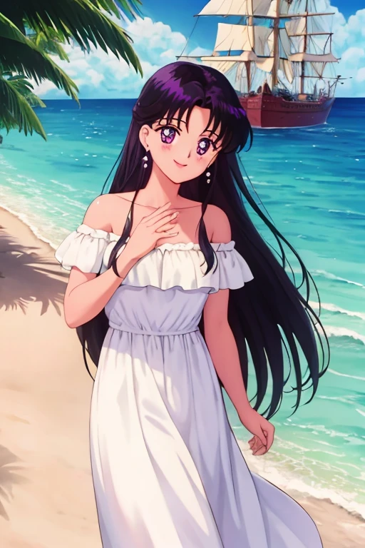 1990s \(style\), masterpiece, best quality, highres, outdoors, small breasts, 1 girl, Solo, Rei Hino, Purple Eyes, Beautiful Detail Eyes, Long Black Hair, Straight Hair, Good hands are down, Smile, Blushing, Bare Neck, Bare Shoulders, strapless, White Ruffle Off-the-Shoulder maxi dress. Pearl earrings. Cowboy shot. A landscape of blue skies, pirate ship with a black flag far away, an ocean with a beach. In the center. Looking at the viewers. Smile