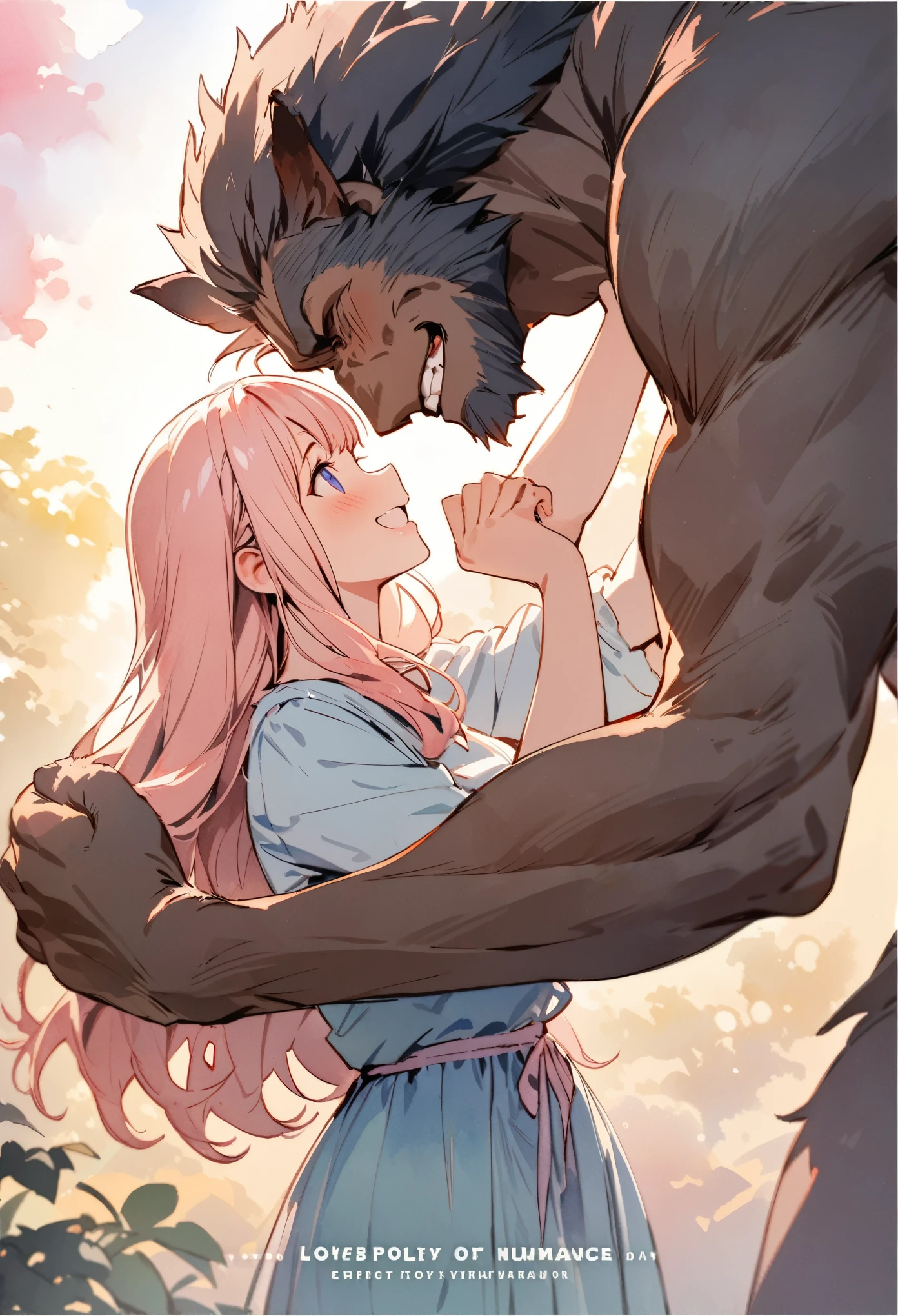 cover page, highres, top quality, best quality, paid reward available, unparalleled masterpiece, perfect artwork, absurdres, High-quality illustrations, watercolor, soft color, love story of human girl and giant Werewolf, love romance, pair, Height difference, Physical difference, perfect anatomy, smile, joyful, play with, smile, happy,