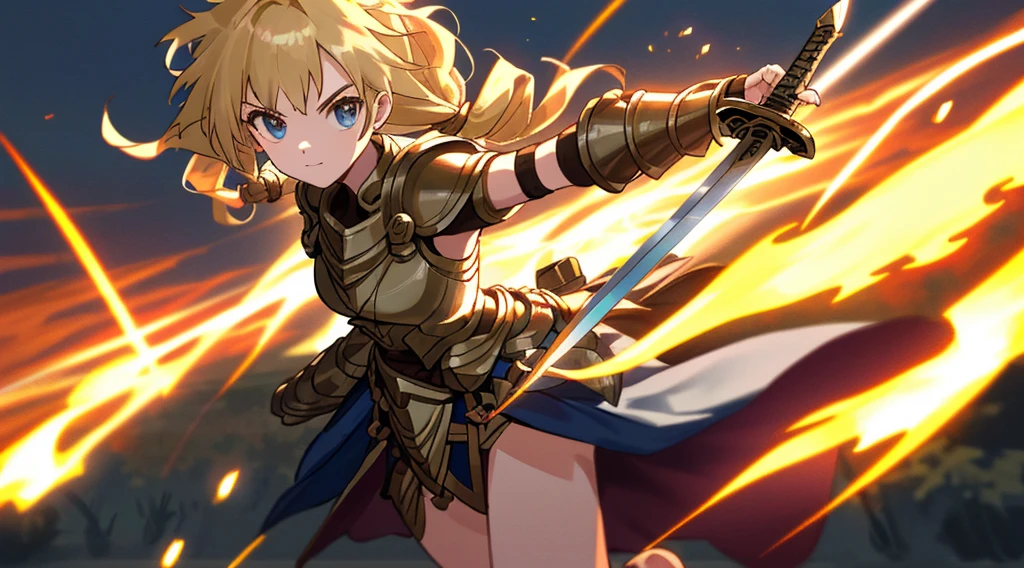 (((8k,Best Quality)), Masterpiece, outdoor, girl, holding sword, dynamic pose, gauntlet, trail effect, feet out of frame, looking at viewer, thong, variety of hairstyles,