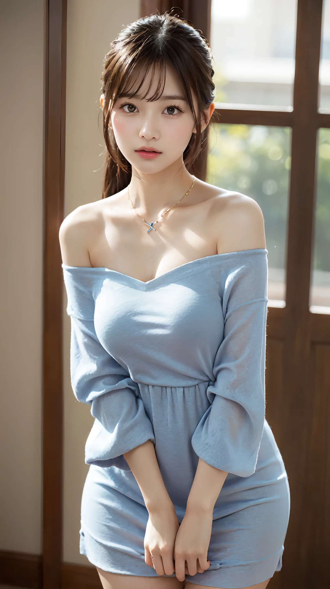 body、Full body Esbian、leaning forward、raise your butt high、Very small waist、(very big breasts:1.3)、ponytail、plump thighs、natural skin、Extra-fine face、 extra thin hands, Very thin fingers, Best ratio、surreal, ((cute dress、Exposing too much skin、off shoulder、The length is short and the thighs are visible))、cheeks turn red、body covered in 、Cross Necklace、((18-year-old female:1.2))、young adorable japanese face, official art,Highly detailed CG Unity 8K wallpaper,(masterpiece:1.0),(highest quality:1.0), Super detailed, photo shoot, 8K, nffsw, High resolution, kodak portrait 400, film grain, lens flare glow,portrait shot,View viewer