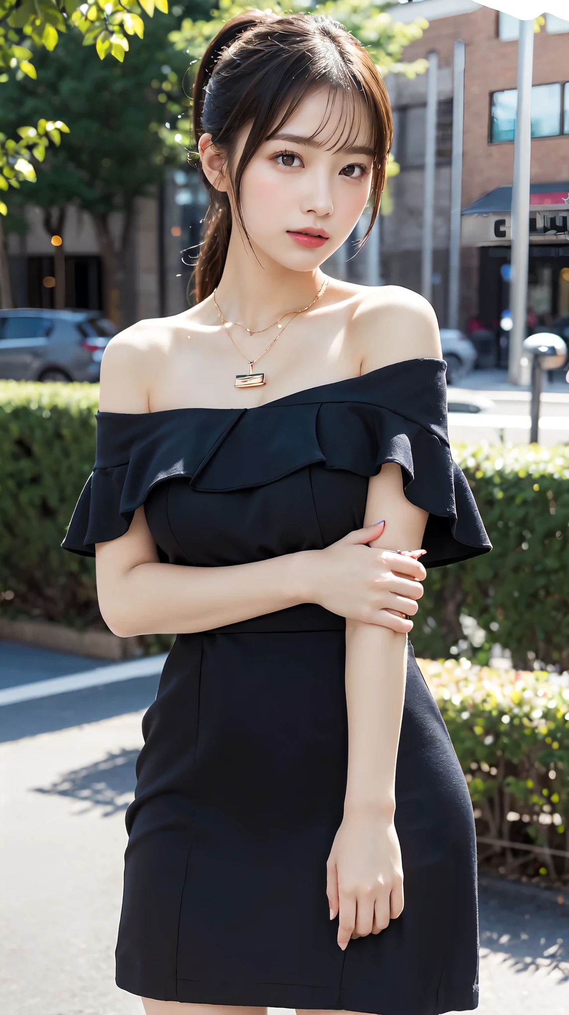 ((8K:1.27)、top-quality、​masterpiece、超A high resolution:1.2)a picture、a picture、Japan women、Neat face、24 year old、perky、Refreshing、Elegant、Elegant face、cute little、cute smile face、Raise the corners of your mouth and smile、Hoppe、short-cut、A smile、24 year old、Elegant、Neat face、Gentle smile、With short hair, Dark brown halter top, Halter Top, halterneck dress、Onepiece、Very small、small tits、big breasts thin waist、Clothes with simple designs、small breast bulge,、small tits、Very small bust、Omotesando、Stylish cityscape、Morning cityscape、The morning sun is dazzling、breasts are small、date、Street Trees、Halter top with emphasis on the chest、sideways Facing、Clean shoulders、Upper arm、A slight smil、Dark brown halter neck dress、one piece dress、big butts、big breasts thin waist、the buttocks are big、