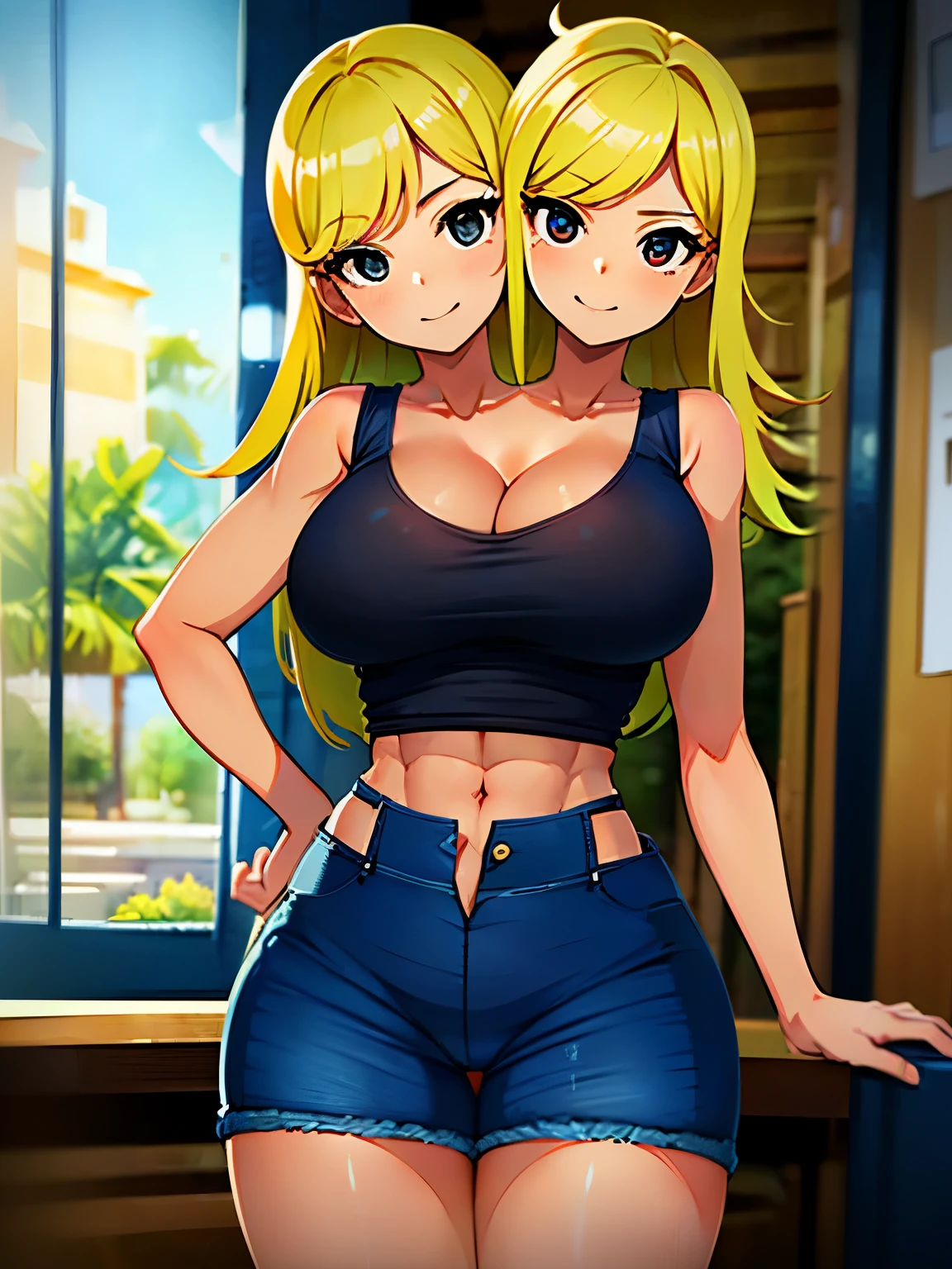 best quality, (masterpiece),(ultra-detailed), (high quality), (high resolution), ((2heads:1.5)), best quality:1.5, highres, UHD, 16K), smiling, highres, masterpiece, (blonde hair), (cleavage), (black tank top), medium long hair, ((blue denim shorts:1.5)), lustrous and smooth skin, (mature woman), (black eyes), (cute face), (exposed midriff), seductive silhouette, ((slim hips)), casual dress, sexy proportions, young girl with accentuated slender abs, long legs, seductive woman, lustrous woman, (large breasts), detailed eyes