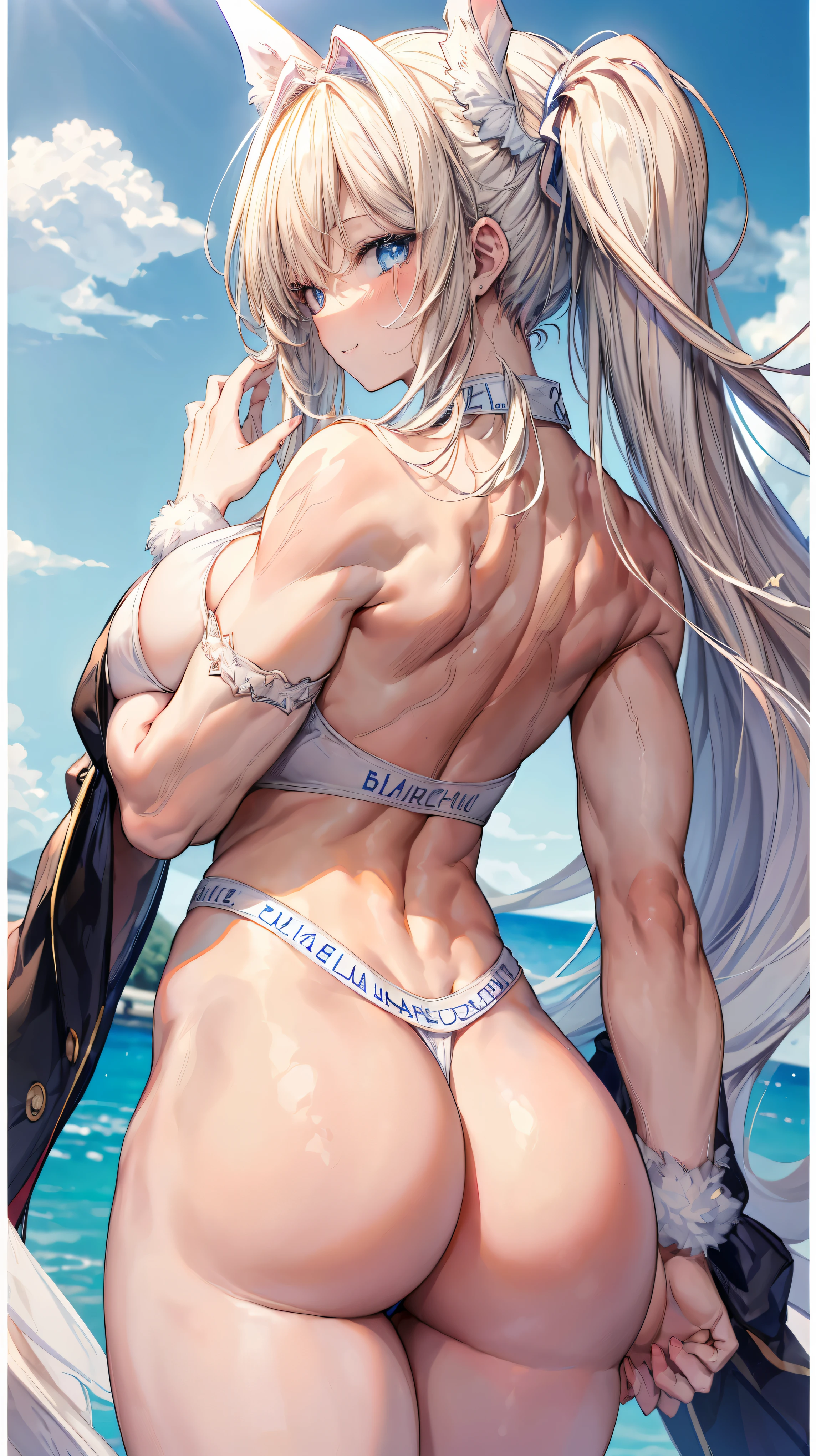 Super detailed、highest quality、Best image quality、masterpiece、8K、Sparkling Blue Eyes、Anime Face、A kind smile、Blonde Curly Hair、(SFW huge body)、(((Rear view)))、Cowboy Shot、(Wearing a white thong:1.5)、Muscles of the whole body、Wearing a black headband