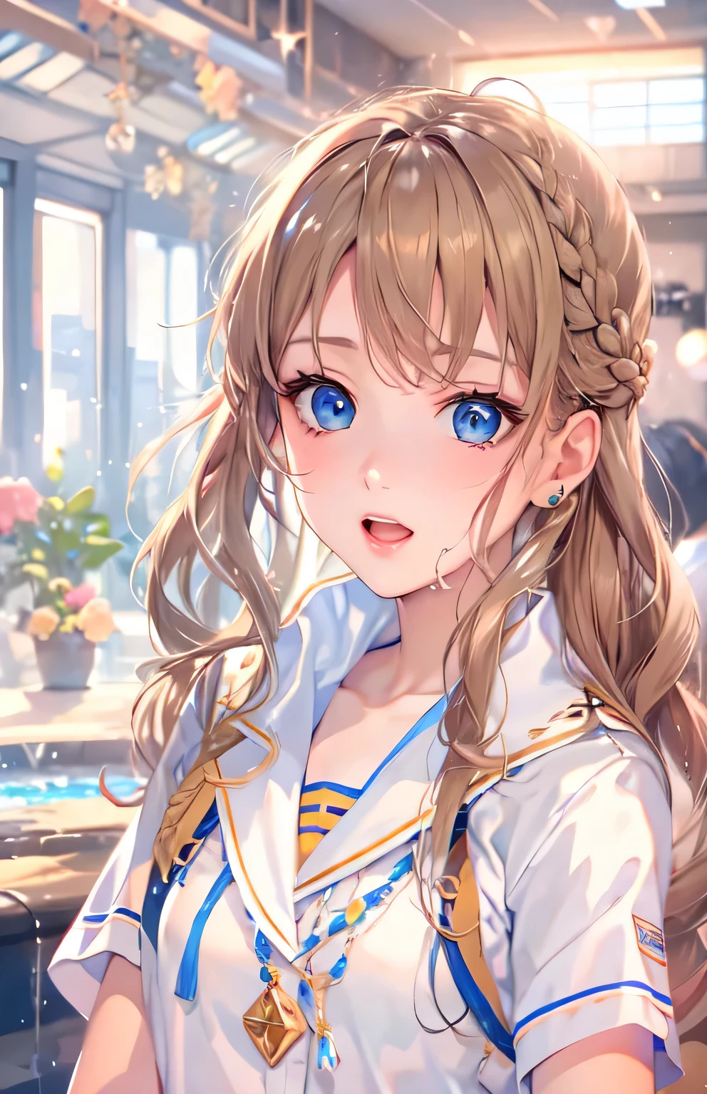 ((highest quality)), ((masterpiece)), (Get used to it), masterpiece、highest quality、High resolution、High-quality images、8k, 1 female、Skin Radiance、Texture of skin and clothing、Expression of fine eyes、Shiny light light brown hair,Girl with long braided hair, Manga inspired by Lee Jong-suk, Trending on deviantart, realism, detailed manga style, Manga art style, Perfect Line Drawing, Beautiful line art, digital manga art girl, K-POPアイドル, Perfect Face , Adult female , Perfect Face , Adult female , Beautiful blue eyes , high school girl , uniform , Sailor suit , Pool ,Wet ,