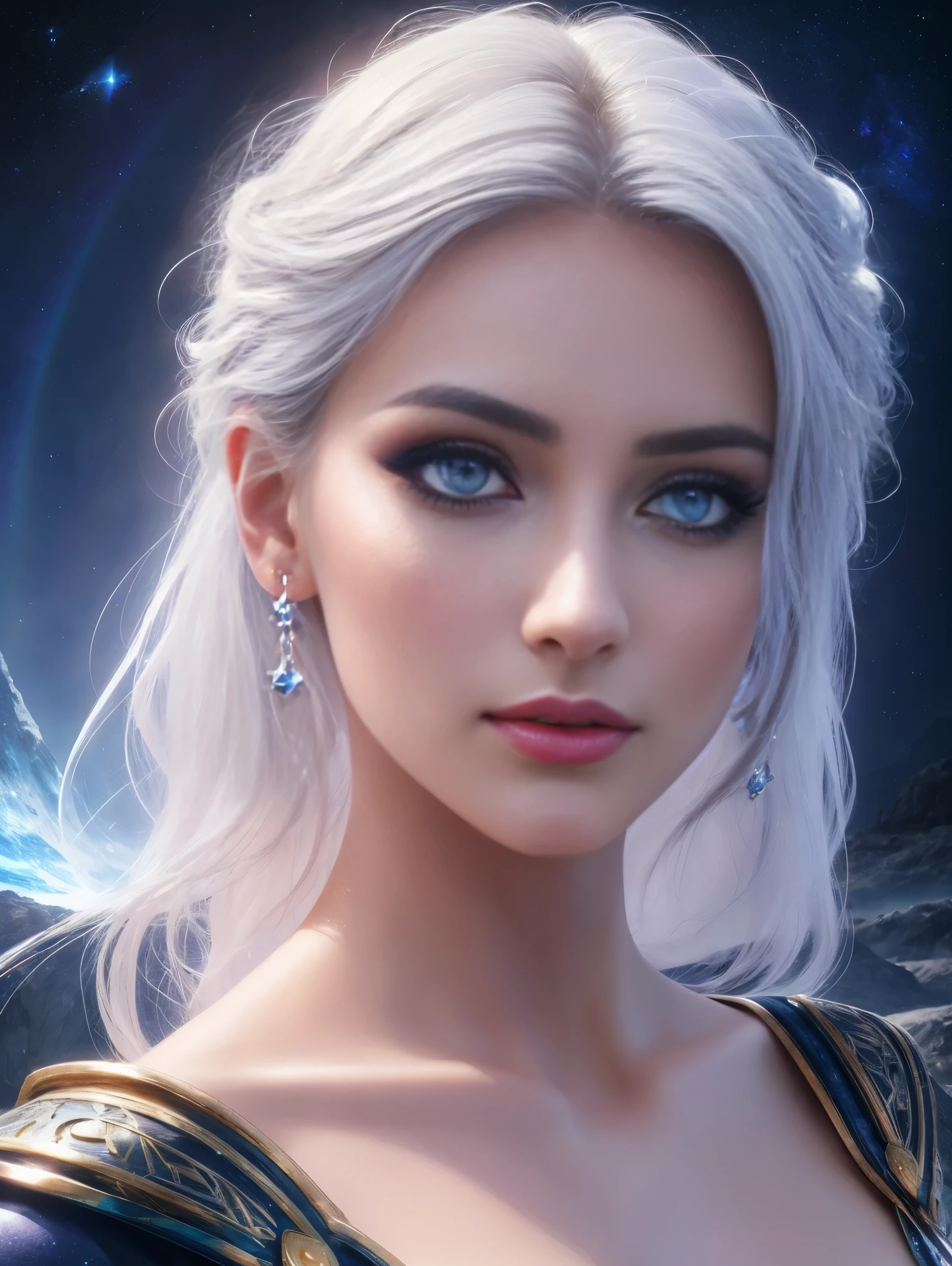 masterpiece, Ultra hot gorgeous euro woman , age 23, highly detailed eyes, Perfect eyes, highly detailed face, the same eyes, glare, The color of the rainbow, global illumination, soft light, dream light, digital painting, 8K, fantasy, night sky, stars, nebula, White Crystal, Moonlight, tranquility, summer, (8K:1.1)