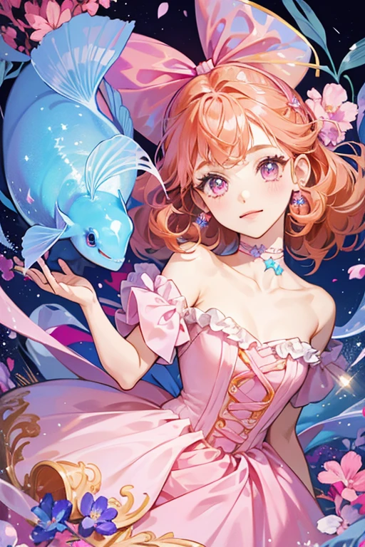 She is a pale blue cave fish that wears a pink dress with magenta flowers on it. She has curly, orange hair with a pink bow in it. SPARKLE; GLITTER