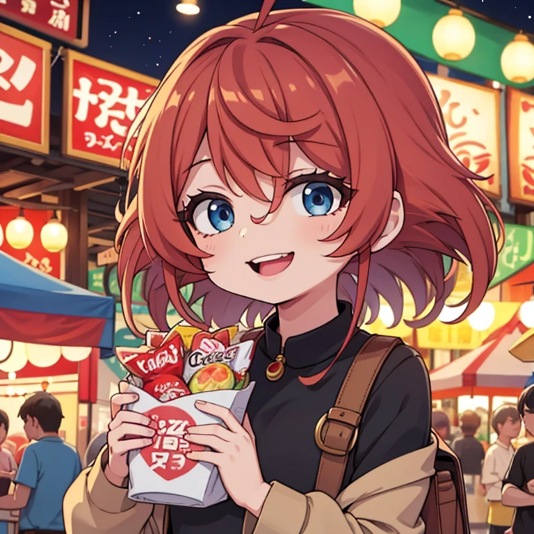 Lively night market. The woman is wearing casual clothes, Carry snacks, Her face is full of joy and contentment.