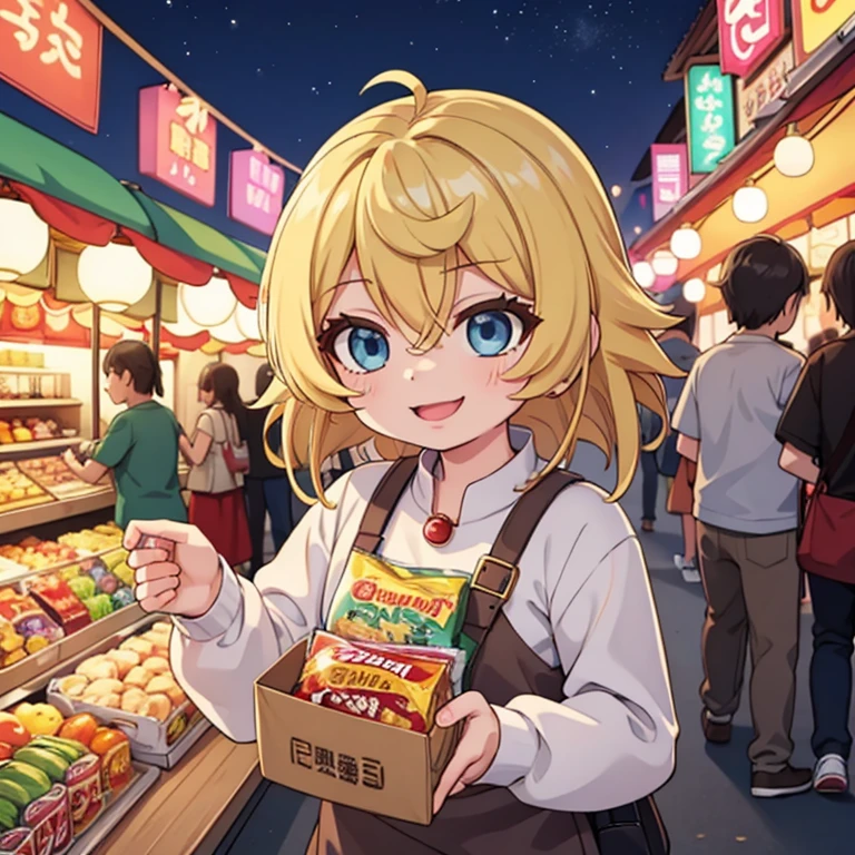 Lively night market. The woman is wearing casual clothes, Carry snacks, Her face is full of joy and contentment.