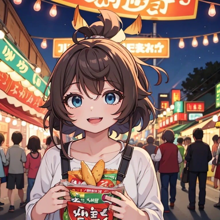 Lively night market. The woman is wearing casual clothes, Carry snacks, Her face is full of joy and contentment.