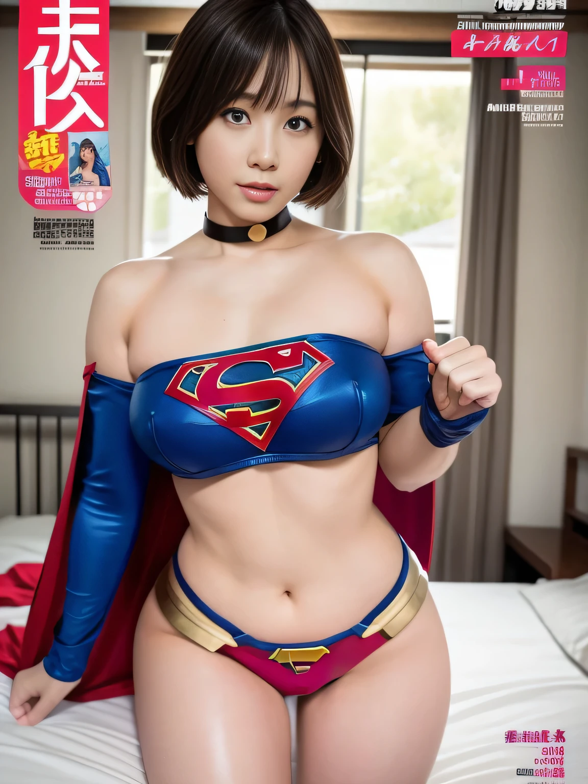 masterpiece、Supergirl Costume、short hair、barefoot、Big and ample breasts、Hospital room、Striking a pose on the bed、Sexy poses to seduce、Model Body Type、Shiny、Looking at the camera、Off the shoulder、choker、enamel、Long sleeve、Red mini skirt、Weekly magazine cover、Obscene、Radical、Sweaty、Alluring、charm、Enchanting、Impressive、