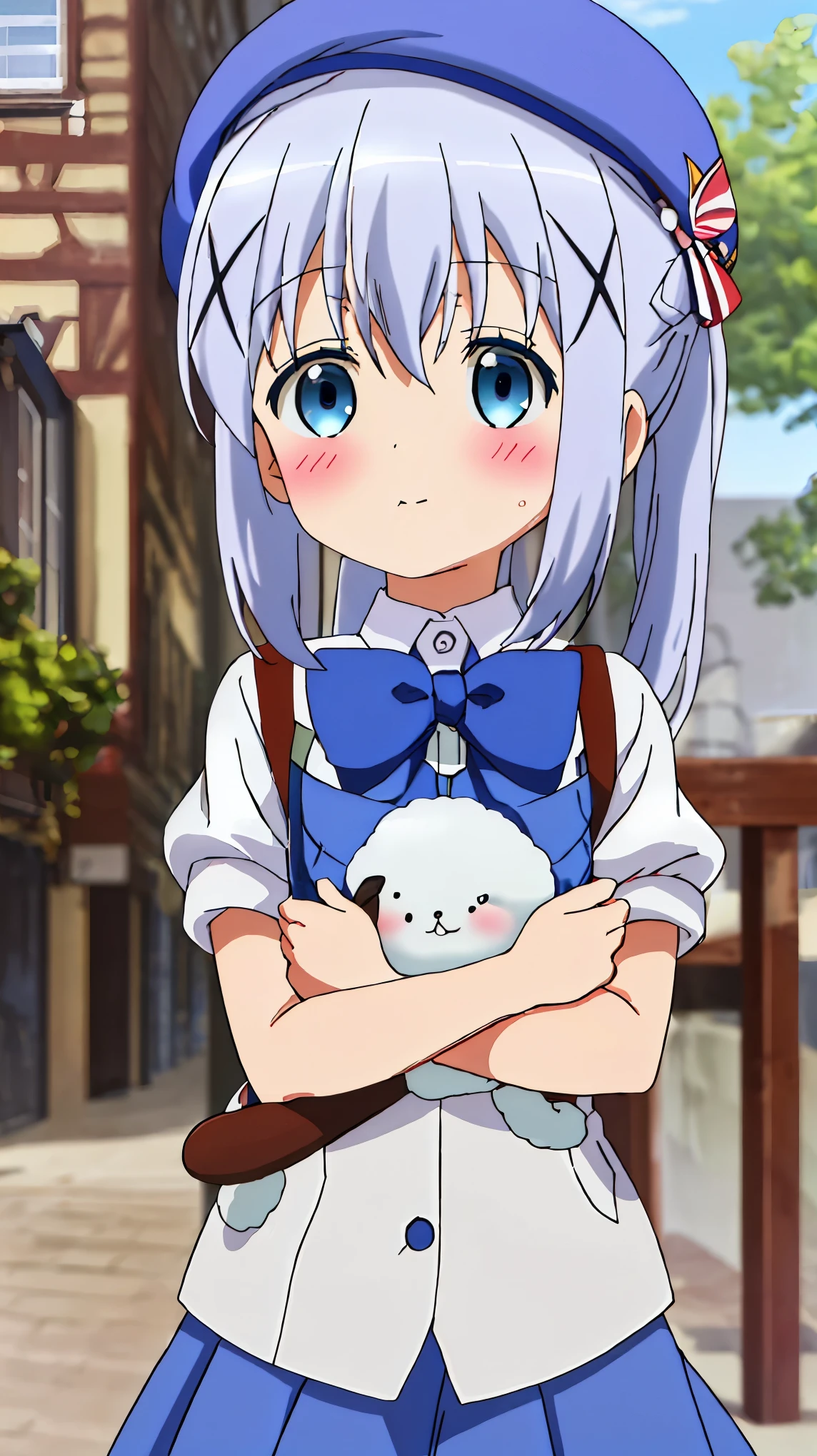 best quality, masterpiece, highres, solo, {kafuu_chino_istheorderarabbit:1.15}, blue_hair, long_hair, blue_eyes, x_hair_ornament, hair_ornament, blush, bangs, closed_mouth, hair_between_eyes, 1girl, beret, hat, school_uniform, upper_body, white_headwear, shirt, white_shirt, blurry, blurry_background, looking_at_viewer, outdoors (li:1.5), (toler:1.5).