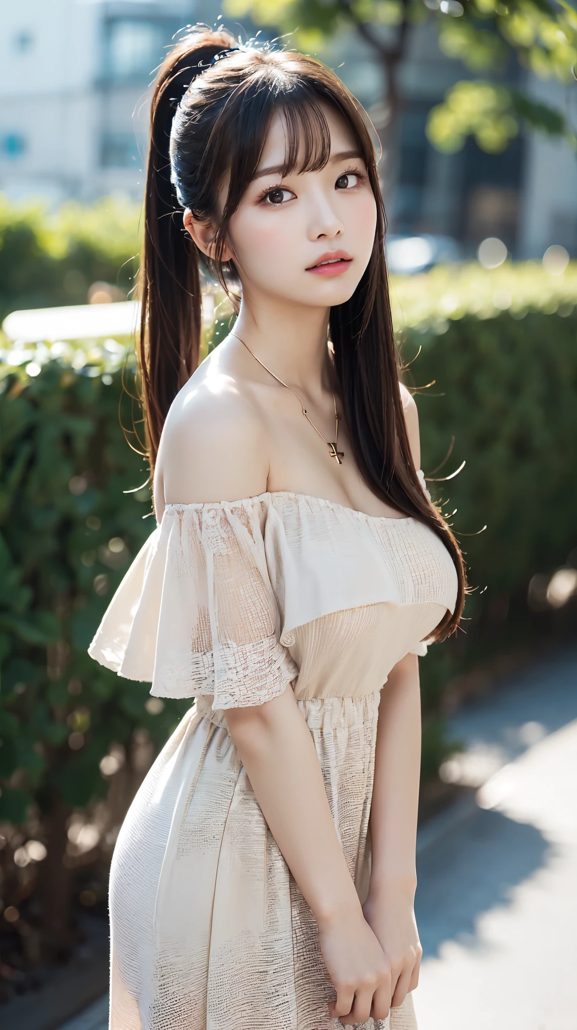 body、Full body Esbian、standing, leaning forward, hands on knees、raise your butt high、Very small waist、(very big breasts:1.3)、ponytail、plump thighs、natural skin、Extra-fine face、 extra thin hands, Very thin fingers, Best ratio、surreal, ((cute dress、Exposing too much skin、off shoulder、The length is short and the thighs are visible))、cheeks turn red、body covered in 、Cross Necklace、((18-year-old female:1.ung adorable japanese face, official art,Highly detailed CG Unity 8K wallpaper,(masterpiece:1.0),(highest quality:1.0), Super detailed, photo shoot, 8K, nffsw, High resolution, kodak portrait 400, film grain, lens flare glow,portrait shot,View viewer