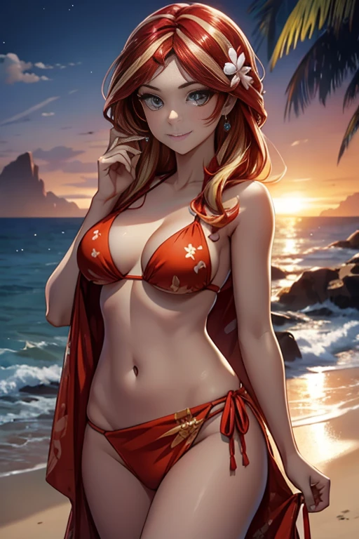 sunset shimmer, 1girl solo, bikini, sarong, hair flower, beach at night background, ambient lighting, dark scary fog, ghostly, smug smile, ghostly smoke