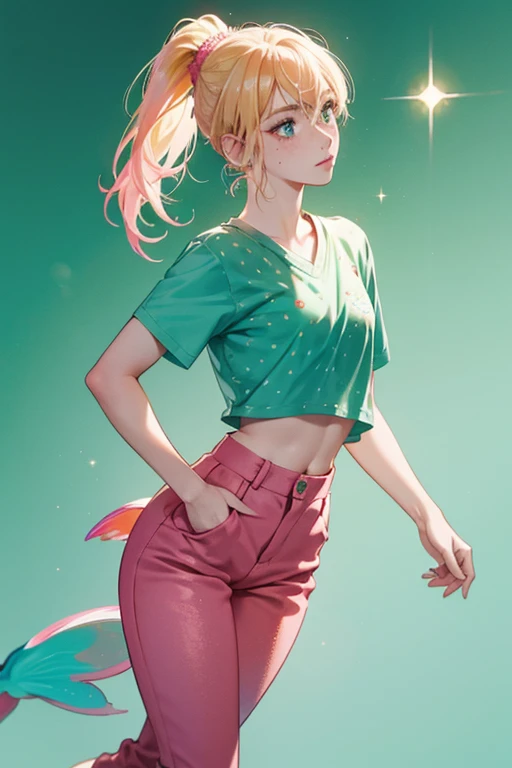 pink fish with blonde hair in a ponytail and freckles. She wears a mint top, dark green pants, and dark red flats. SPARKLE; GLITTER