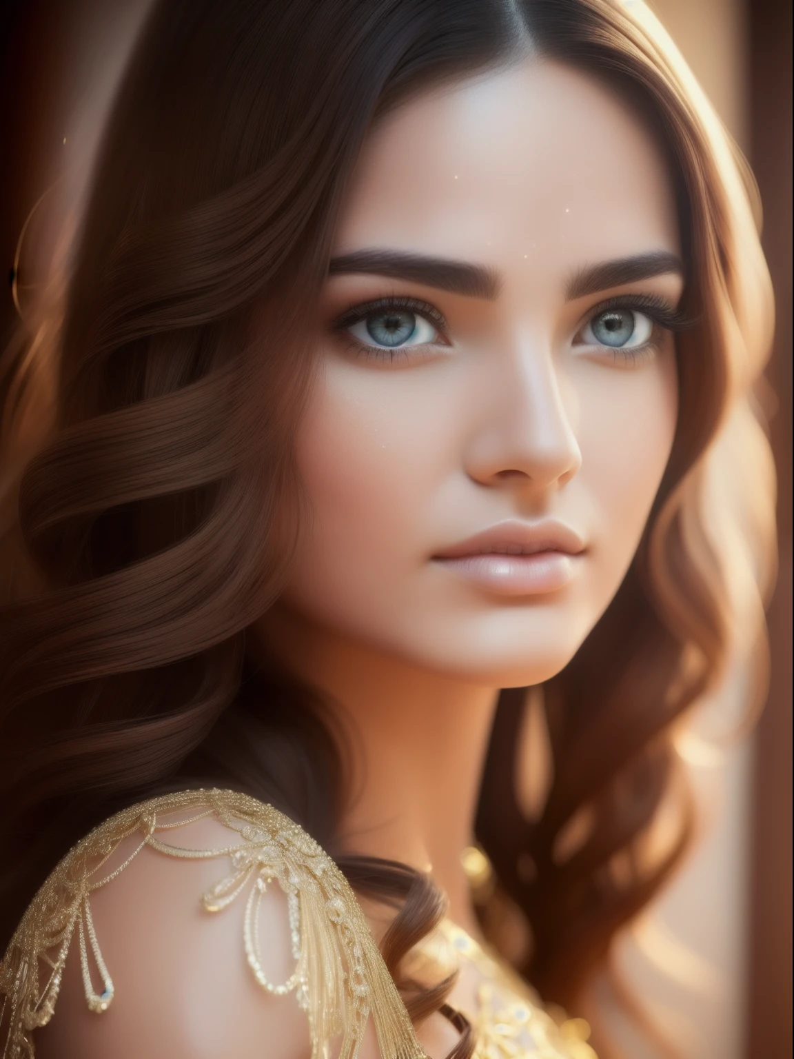 Bohemian beauty , bold lipstick, long flowing hair, waist chains , rich organza clothing with golden details, cell is shaded, dynamic lighting, portrait,No, VLP, unreal engine, global illumination, detailed and intricate environment, complex painting, HD, Razumov Konstantin, vladimir volegov, breathtaking, uncommon, phenomenal, wonderful, aesthetic, art, charming, difficult, Beautiful, fabulous, Exquisite, breathtaking, ((masterpiece)), (((Best quality))), ((ultra detail)), UHD, 8K, (((a high resolution))), ((illustration)), ((extremely realistic)), ( reflections), sharp focus, front lighting, intense shadows, ((beautiful extremely detailed eyes)), eyelashes, (incredibly gentle and incredibly beautiful girl), ((brown eye color)), Wavy hair, ((extremely detailed eyes)), medium breast, shining, luminous, shiny skin, shiny skin, wet skin, sweaty skin, cinematic light mask, ray tracing, depth of field, Dynamic angle, I look at the viewer, (сложnoseть 1.4), ((macro, shooting, detail, Face, eyes, nose, lips, brows)), ((extremely detailed and realistic skin texture)), ((extremely detailed and realistic eye texture)), ((extremely detailed and realistic finger texture)), ((extremely detailed and realistic clothes)). Соблюдайте точnoseть, to ensure the symmetry of the model is maintained., free from any deformation, asymmetry, дополнительные конечnoseти, or double heads. Maintain focus on showcasing her unparalleled radiance and grace.. Image is centered, with an emphasis on approaching perfection through the use of the 60-30-10 color rule. The composition is highly detailed. All image is framed. Emphasizing clear reflective eyes, white whites of eyes, The golden ratio is used to create balanced compositions, and the overall feel is very polished, San Francisco, intricate artwork masterpiece
