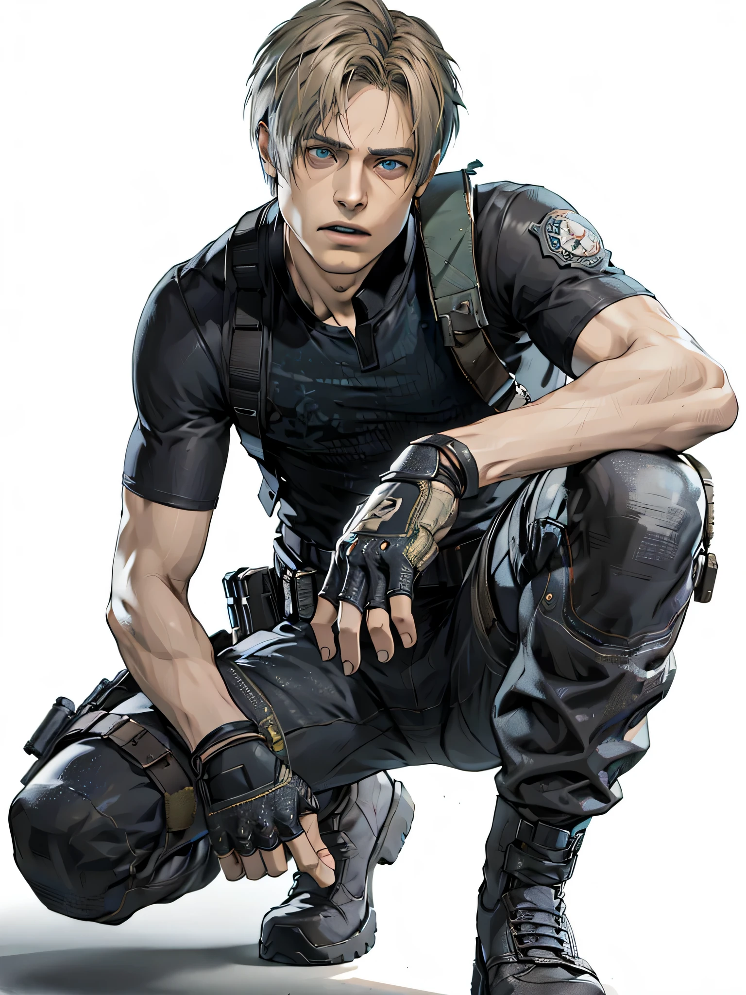 Hombre arafed en traje de cuero negro agachado con pistola, brad pitt es leon s. kennedy, chris redfield, personaje de videojuego, background of Resident Evil game, arte oficial del personaje, fanart exquisito muy detallado, personaje de videojuego art, Resident Evil virus concept art, ( ( arte conceptual del personaje ) ), Resident Evil, en uniforme negro, parque juan