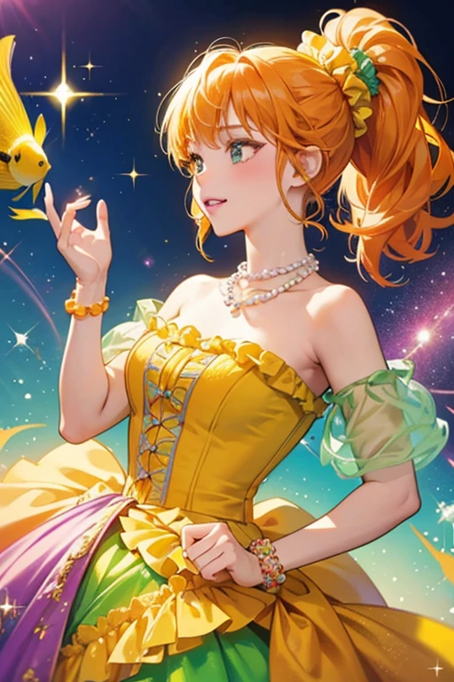 She is a yellow-green fish with orange hair and a scrunchie. She has lipstick, a pearl necklace, and a frilly purple dress. SPARKLE; GLITTER