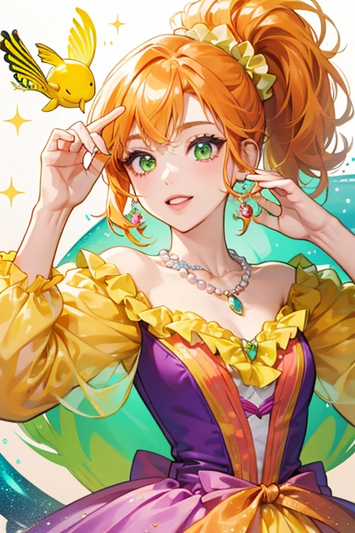 She is a yellow-green fish with orange hair and a scrunchie. She has lipstick, a pearl necklace, and a frilly purple dress. SPARKLE; GLITTER