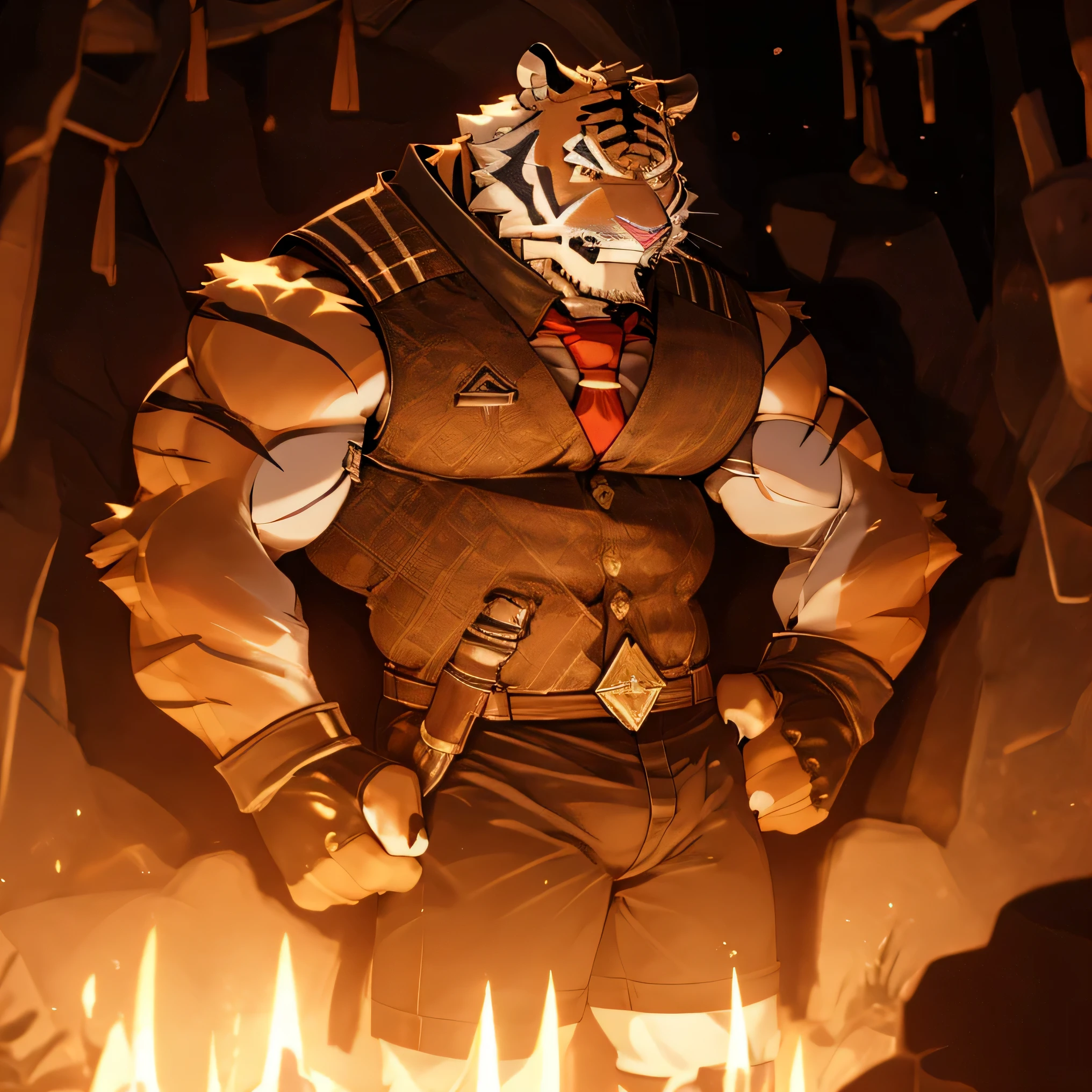 alone, short hair, open mouth, shirt, gloves, animal ears, underwear, tail, full body, male focus, thighs, tie, glasses, shorts, collared shirt, fingerless gloves, vest, muscular, bulge, closed eyes, furry, tiger tail, tiger tail, tiger tail, tiger tail, tiger tail, big pecs, big pecs, muscular male, muscular male, muscular male, yellow tie, yellow tie, clothes, white fur male interior, 