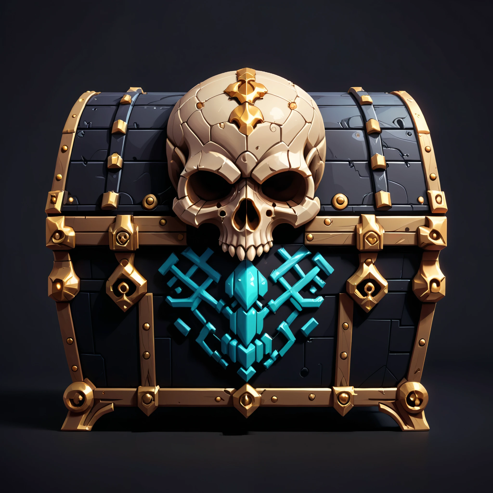 pixel art, cartoon illustration, skull chest, simple black background, game icon
