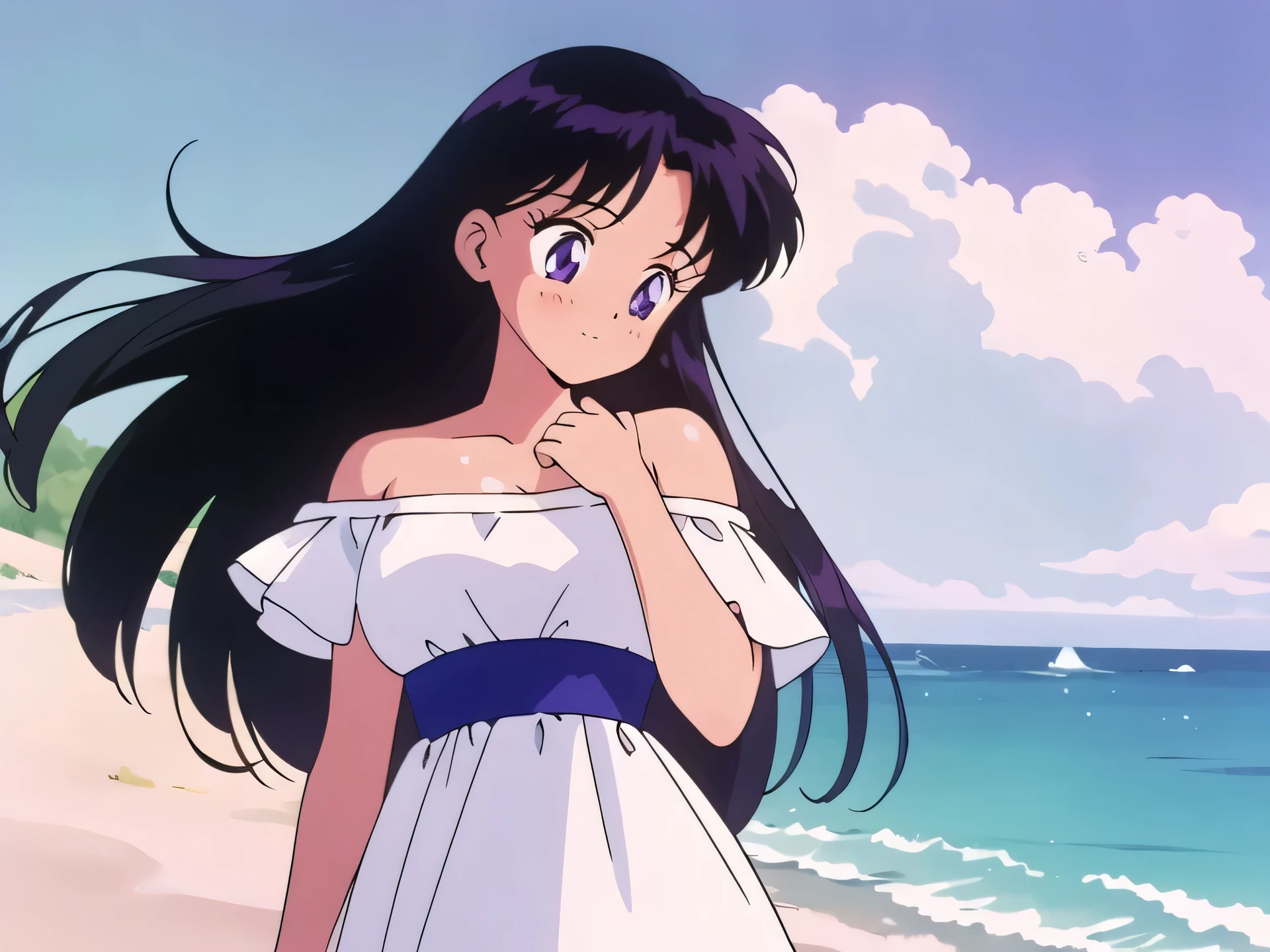 retro anime girl:1.2), (white dress:1.1), (masterpiece:1.2), (best quality), (ultra detailed), (8k,4k), (half body:1.2), (cowboy:1.2), (close up:1.2), (highly detailed:1.2), (Off-the-shoulder attire:1.4), Rei Hino, 1 girl, solo, Best quality, masterpiece, High Definition, Teenager, Purple Eyes, Beautiful Detail Eyes, Black Hair, Long Hair, Good hands, Happy, Blushing, Bare Neck, Bare Arms, Bare Shoulders, short sleeve, Strapless, White Ruffle Off-the-Shoulder maxi dress, standing at the beach Background, blue skies, Close up