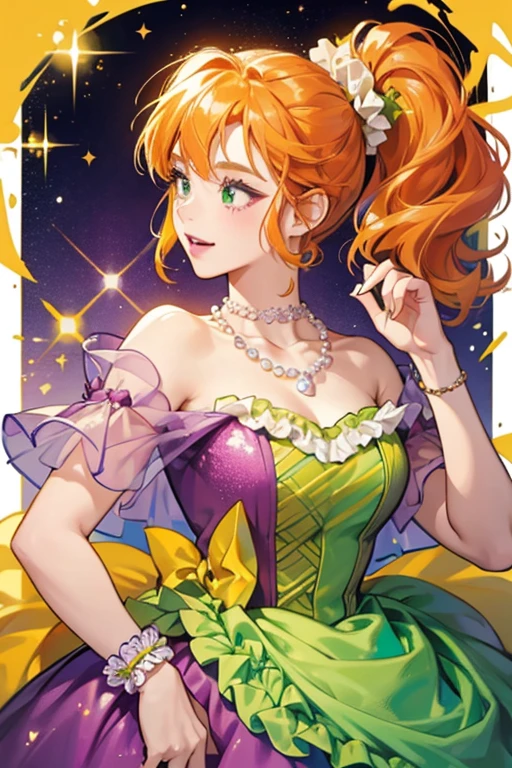 She is a yellow-green with orange hair and a scrunchie. She has lipstick, a pearl necklace, and a frilly purple dress. SPARKLE; GLITTER