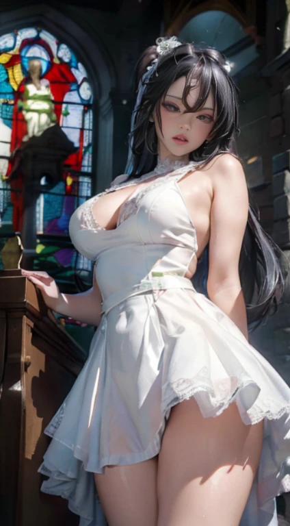 (kawaii,cute:1.1), ((high resolution:1.8)), (incredibly absurdres:1.1), (hires.fix:1.3), extremely detailed CG unity 8k wallpaper BREAK ((masterpiece:1.5)), (8k, RAW photos, highest quality, high resolution, absurdity), high-definition RAW color photos, professional photos, paper cutting, (beautiful girl), (detailed beautiful face:1.3),(detailed beautiful silver eyes),big tits, cleavage, wedding dress, ((white dress)), scenic print, pale_skin, beautiful black hair, braided bangs, ((long hair, straight hair)), BREAK ((beautiful church)), ((beautiful stained glass)), (magnificent panorama view), (underworld, fantasic ocean), depth of view