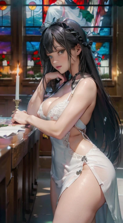 (kawaii,cute:1.1), ((high resolution:1.8)), (incredibly absurdres:1.1), (hires.fix:1.3), extremely detailed CG unity 8k wallpaper BREAK ((masterpiece:1.5)), (8k, RAW photos, highest quality, high resolution, absurdity), high-definition RAW color photos, professional photos, paper cutting, (beautiful girl), (detailed beautiful face:1.3),(detailed beautiful silver eyes),big tits, cleavage, wedding dress, ((white dress)), scenic print, pale_skin, beautiful black hair, braided bangs, ((long hair, straight hair)), BREAK ((beautiful church)), ((beautiful stained glass)), (magnificent panorama view), (underworld, fantasic ocean), depth of view