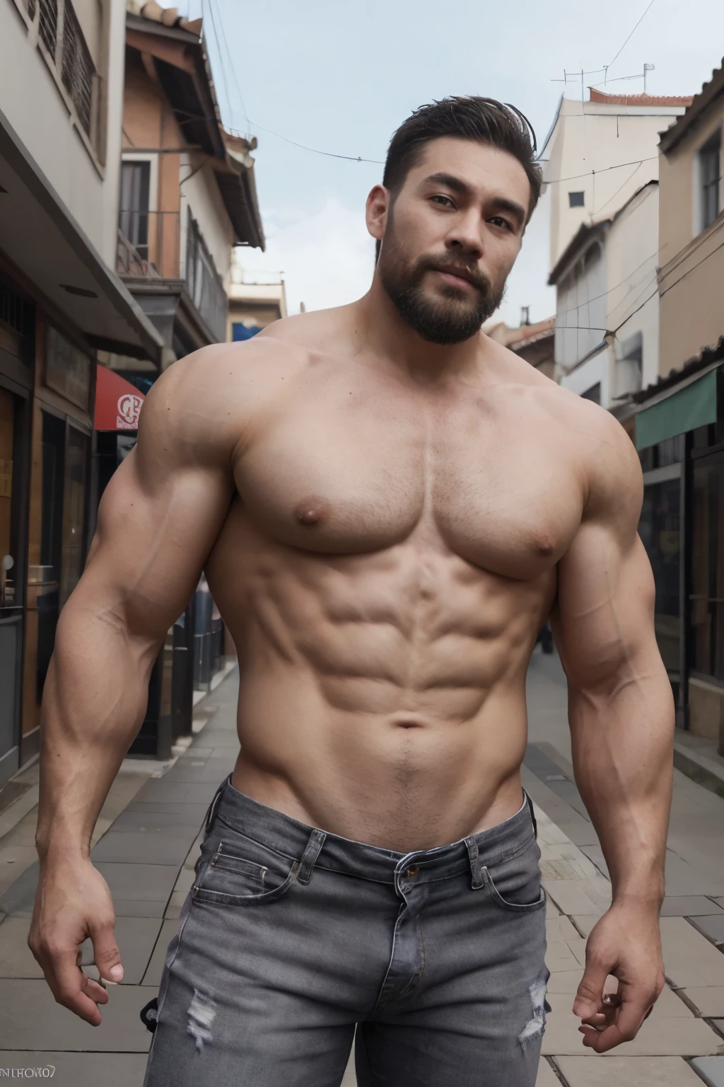 eso_Shang, shirtless, big muscles, empinado, muy nalgon, hombros anchos, large pectorales, big biceps, calle moderna, cuerpo completo, Barbas de chivo, ultra realistic, sudor, gray black jeans