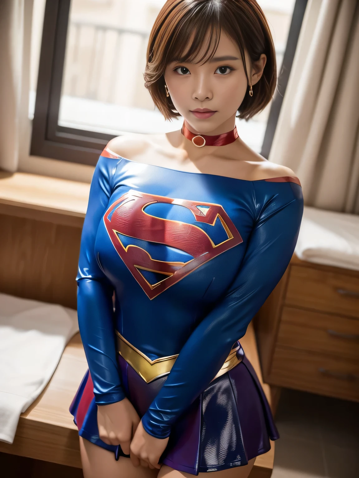 masterpiece、Supergirl Costume、short hair、barefoot、Big and ample breasts、Research Room、operating table、oil massage、Oily Skin、Shiny、Look at the camera、Sexy poses to seduce、Model Body Type、choker、Long sleeve、Red mini skirt、Cowgirl、Estrus、sweaty、Radical、Off the shoulder、Alluring、charm、Enchanting、Fascinating、abused、