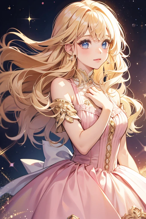 Cute girl, delicate facial makeup, long blonde hair, long blonde curly hair flowing flowing, sparkling eyes, blue eyes, lip moisturizer, blush, feather hair ornament, jewelry, earrings, necklace, flat chest, pink gloves, pink dress, sequins, angel wings, Greek goddess, diamond dress, halo, falling pure white feathers, (shining stars), (fractal art)