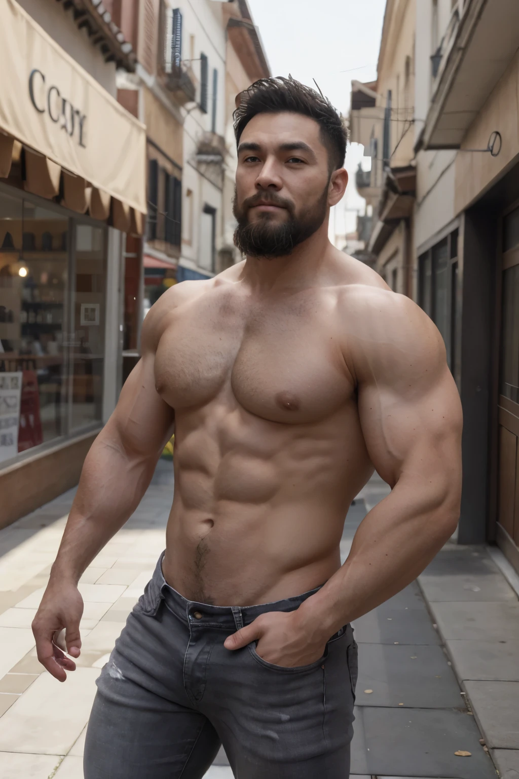 eso_Shang, shirtless, big muscles, empinado, muy nalgon, hombros anchos, large pectorales, big biceps, calle moderna,  cuerpo completo, Barbas de chivo, ultra realistic, sudor, gray black jeans  right side