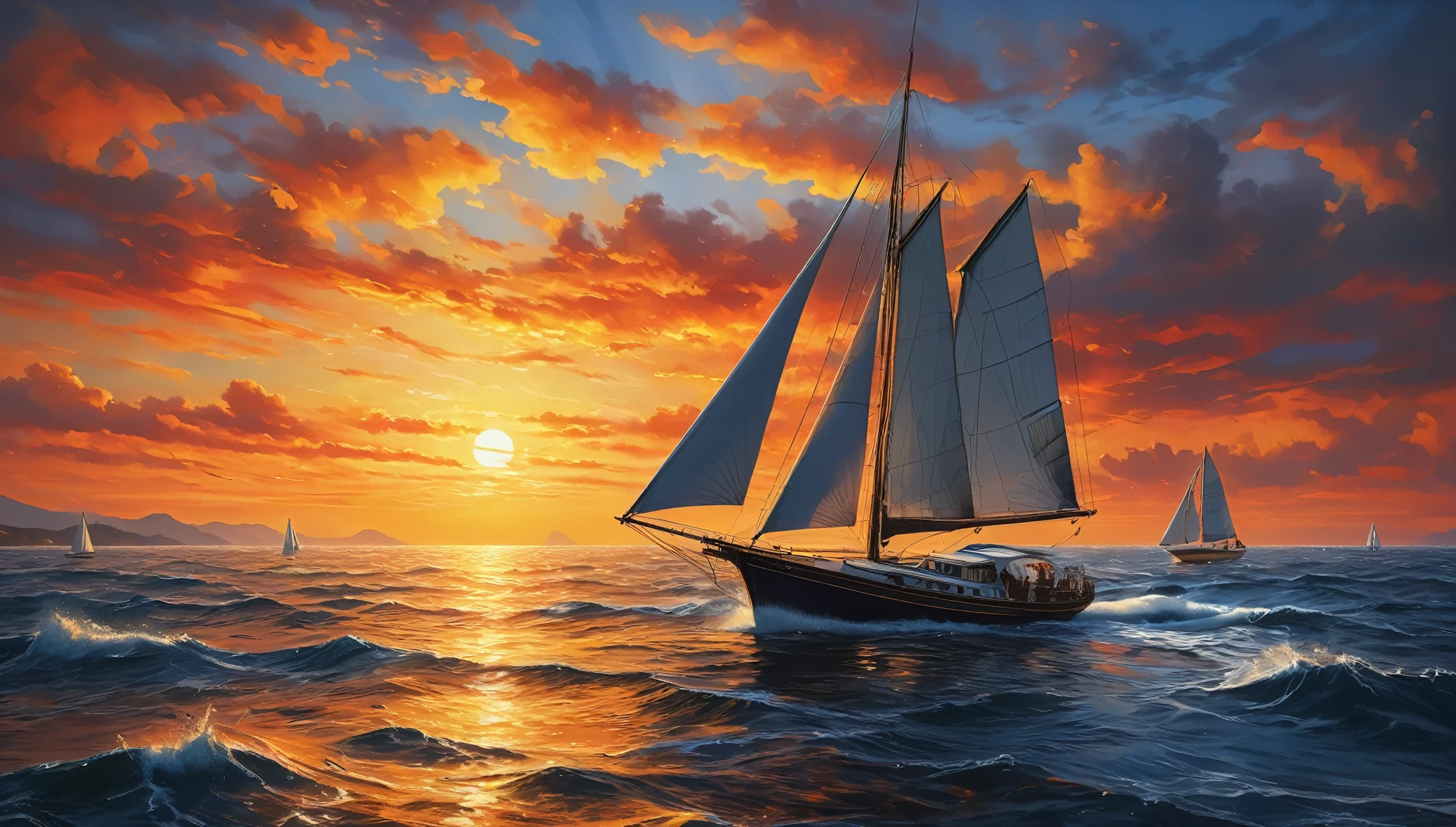 (best quality,4k,8k,highres,masterpiece:1.2),ultra-detailed,(realistic,photorealistic,photo-realistic:1.37),sunset,sailing boat,ocean,mirrored sky,orange,yellow,red,indigo,detailed waves and clouds,paintbrush strokes,textured canvas,vivid colors,sunlight reflections on water,serene atmosphere,seagulls flying,clear horizon line,peaceful horizon,majestic perspective