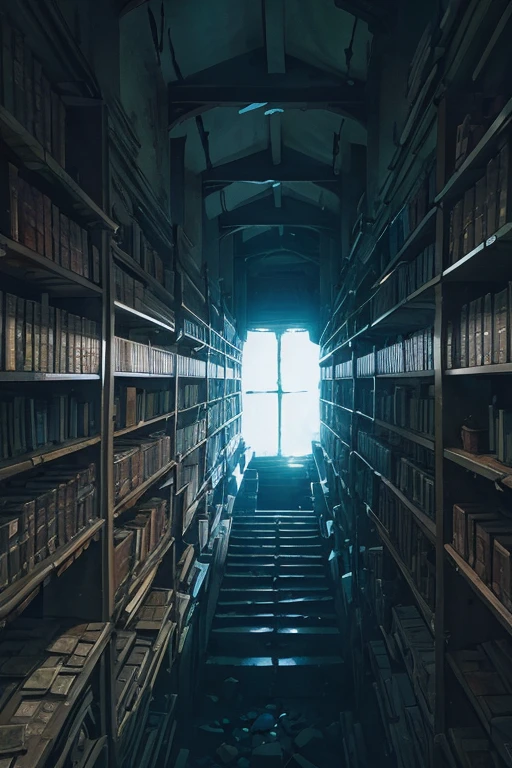 inside of an old delapidated tower, ((darkness)), looking up, POV, shelves full of ancient parchments and scrolls