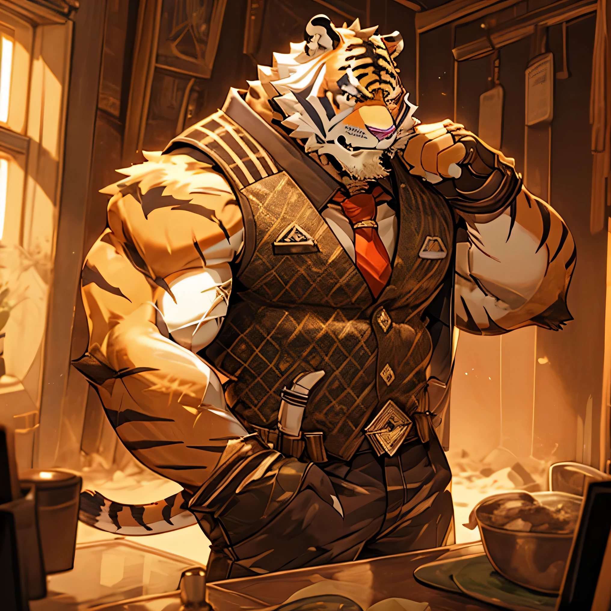 alone, short hair, open mouth, shirt, gloves, animal ears, underwear, tail, full body, male focus, thighs, tie, glasses, shorts, collared shirt, fingerless gloves, vest, muscular, bulge, closed eyes, furry, tiger tail, tiger tail, tiger tail, tiger tail, tiger tail, big pecs, big pecs, muscular male, muscular male, muscular male, yellow tie, yellow tie, clothes, white fur male interior,