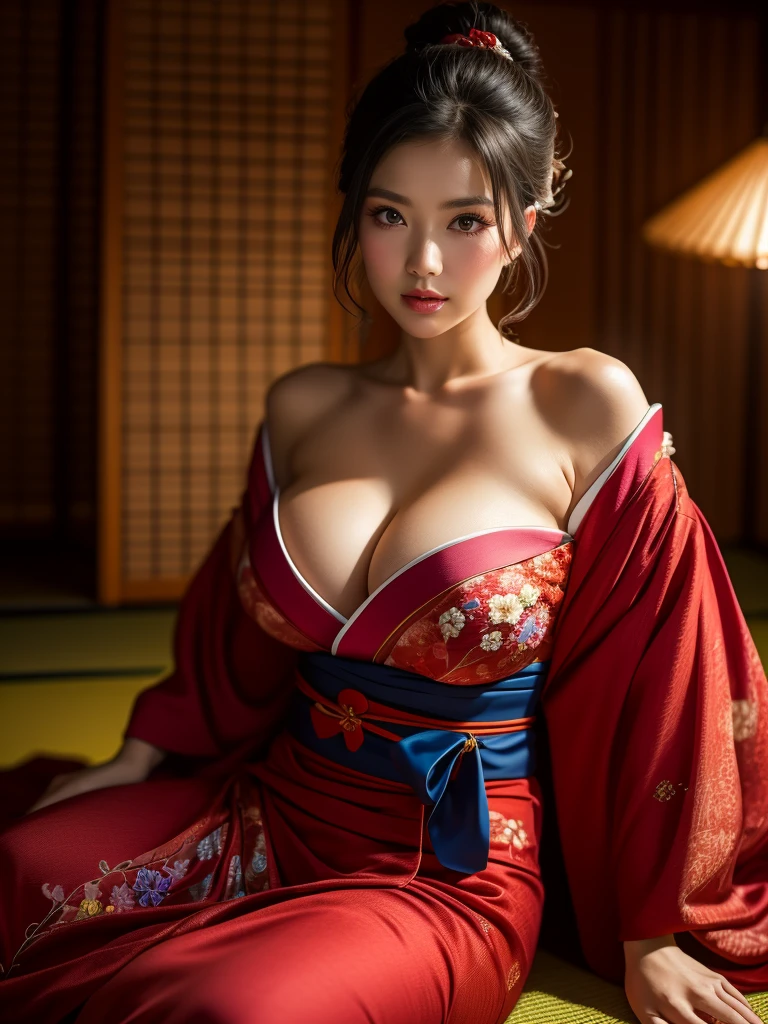very detailed, full body, full body image, shiny lips, High-definition face and skin texture, eye for detail, shiny skin, huge breasts, cleavage, Background of the Warring States Period in Japan, Pretty makeup, camera angle front, looking at viewer, Fleshy body, moist skin, 1 woman, Kimono with colorful Japanese patterns, Beautiful and delicate kimono, luxury yukata, cute, modest
