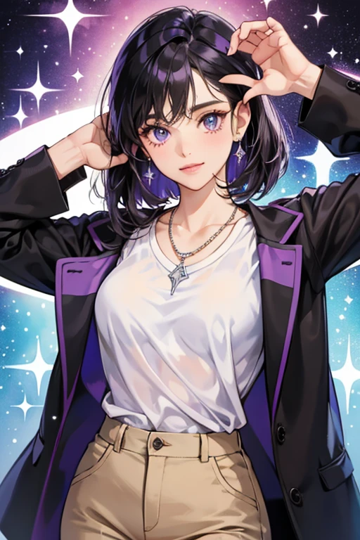 She is purple with black hair, a white shirt, brown pants and a blue necklace. SPARKLE; GLITTER