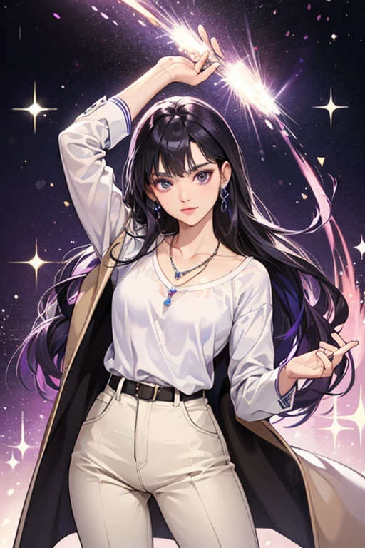 She is purple with black hair, a white shirt, brown pants and a blue necklace. SPARKLE; GLITTER