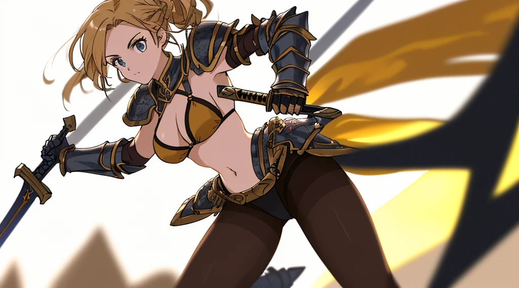 (((8k,Best Quality)), Masterpiece, outdoor, girl, holding sword, dynamic pose, gauntlet, feet out of frame, parted bangs, variety of hairstyles, bikini armor, pantyhose, (greaves, Cuisses), backlight, ((blurry background)), solo, multiple angles, dutch angle, slash, simple background, thong, solo,